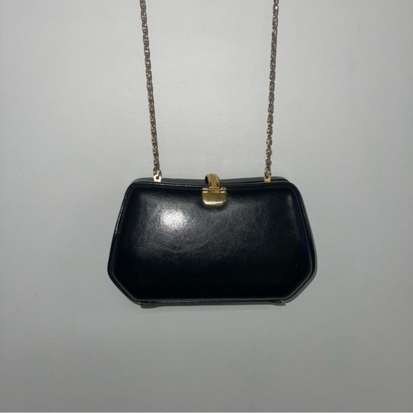 Vintage Farnell Paris Clutch Evening‎ Crossbody Bag Black Gold 1980s Solid Purse - Picture 8 of 8